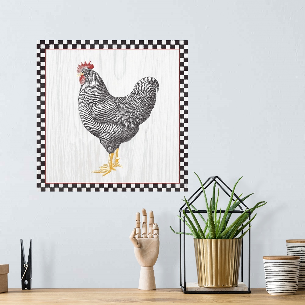 A bohemian room featuring A single rooster on a wood grain background with a black and white checkered boarder with red trim.