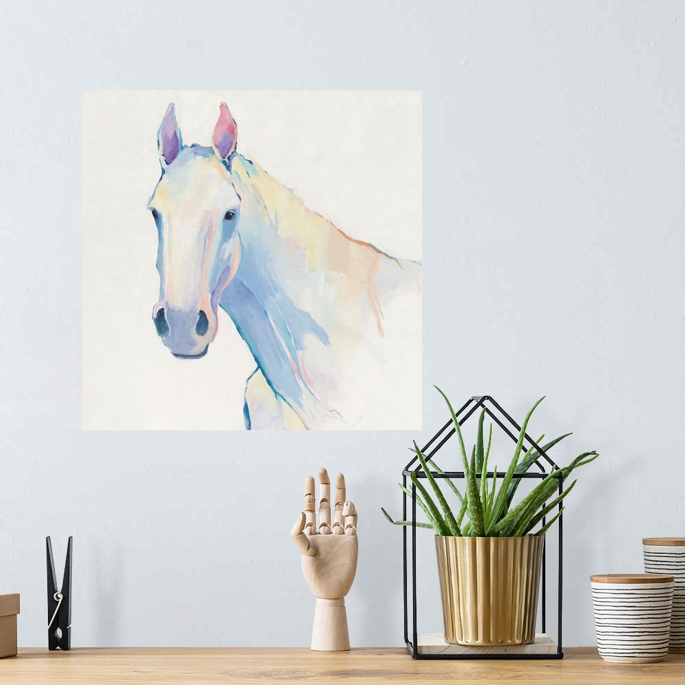 A bohemian room featuring Contemporary painting in pale cool colors of a horse.