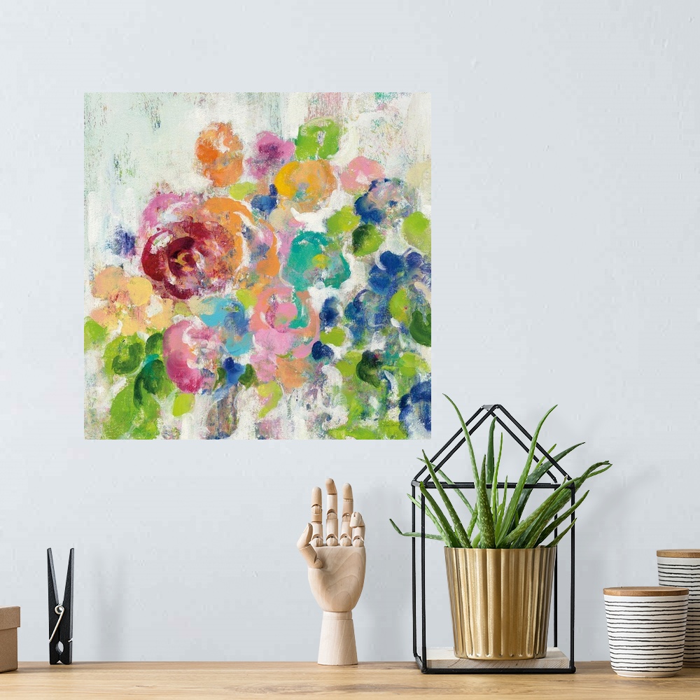 A bohemian room featuring Square painting of bright, colorful flowers with a distress appearance.