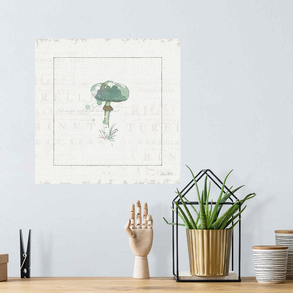 A bohemian room featuring Square watercolor painting of a blue mushroom on a white textured background with faint text.