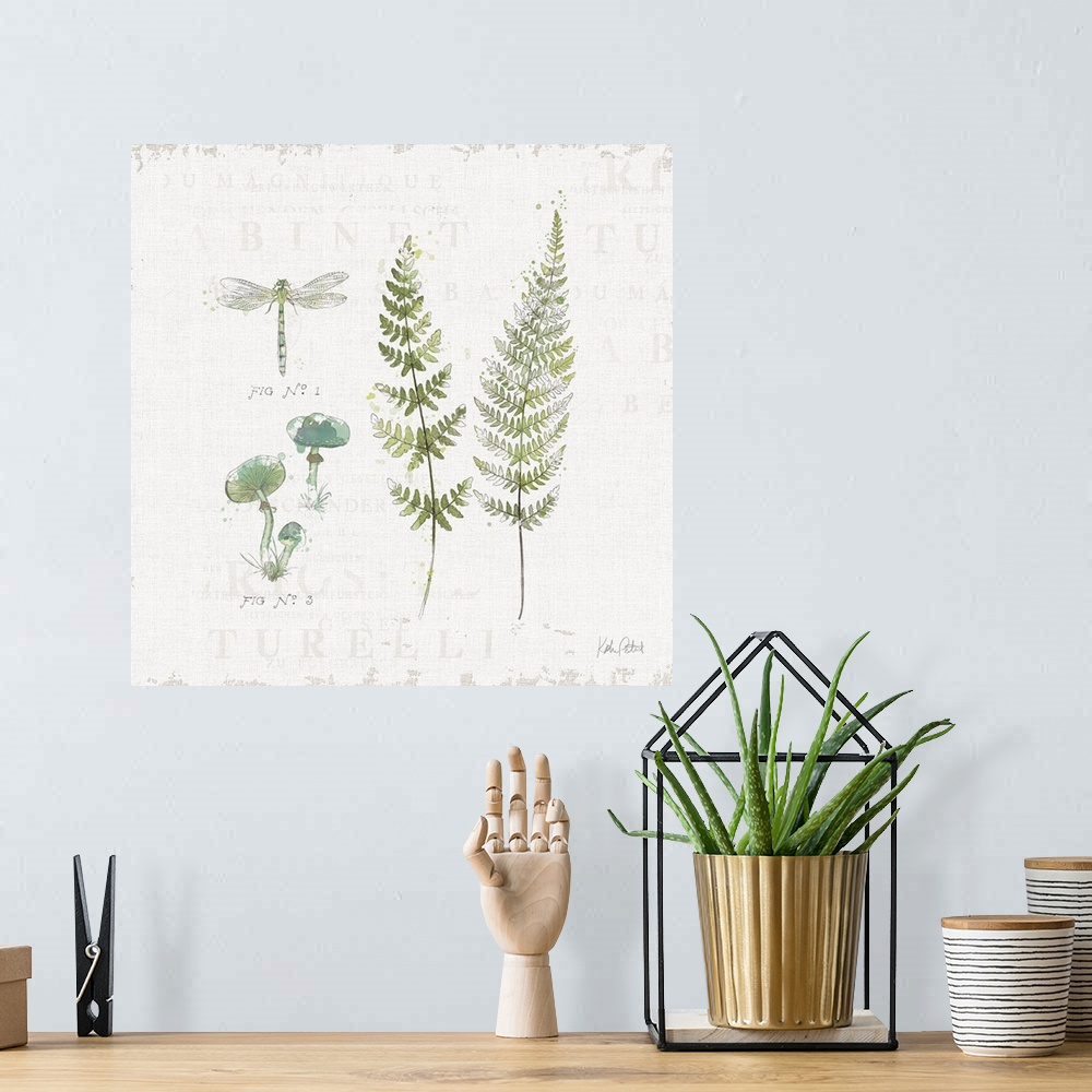 A bohemian room featuring Square watercolor painting of blue and green mushrooms, a dragonfly, and ferns on a white texture...