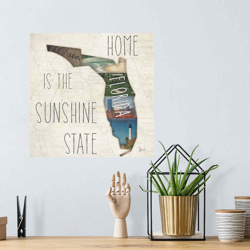 A bohemian room featuring Several scenes in Florida in the outline of the state with "Home is the Sunshine State."