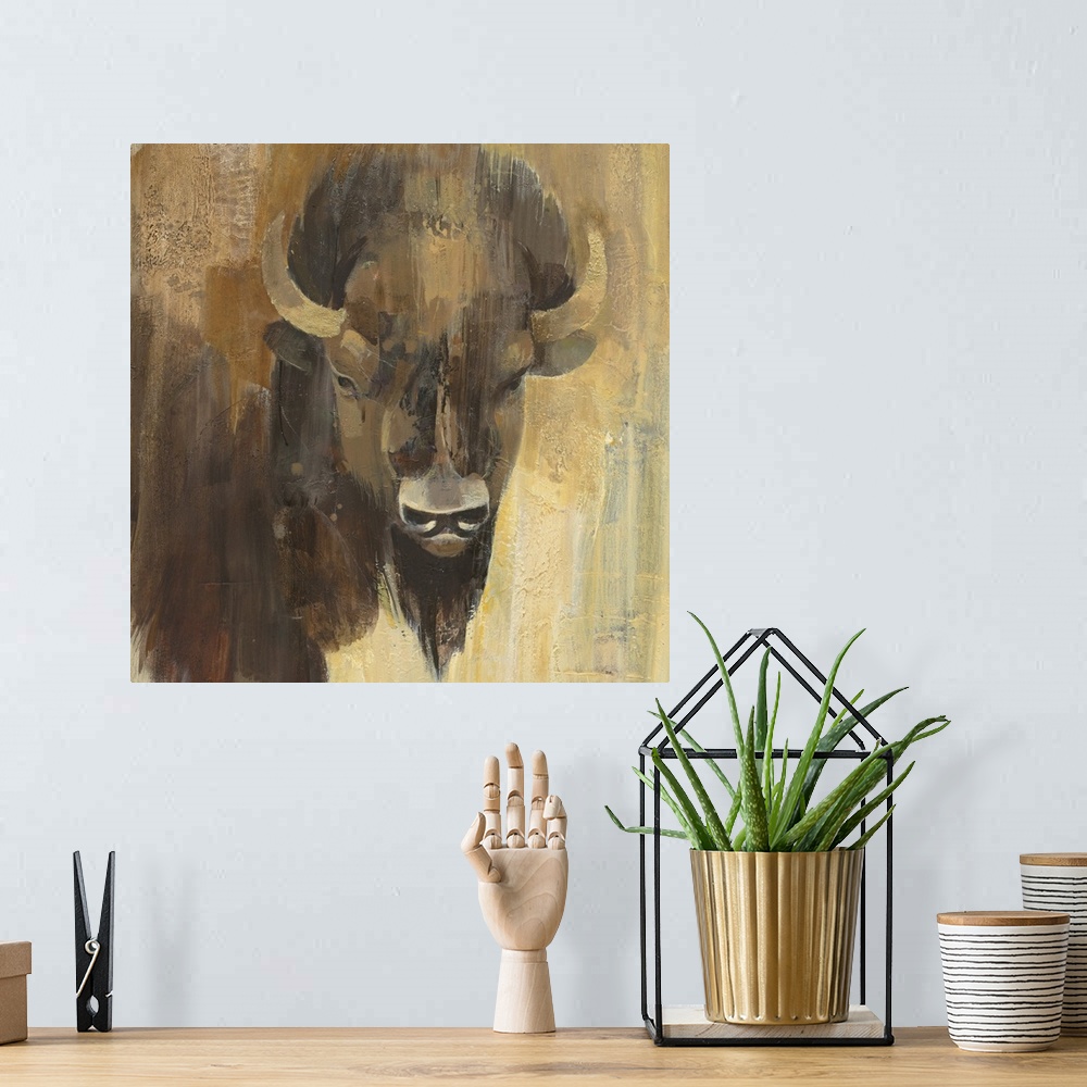 A bohemian room featuring Contemporary wildlife painting of a bison staring at viewer.