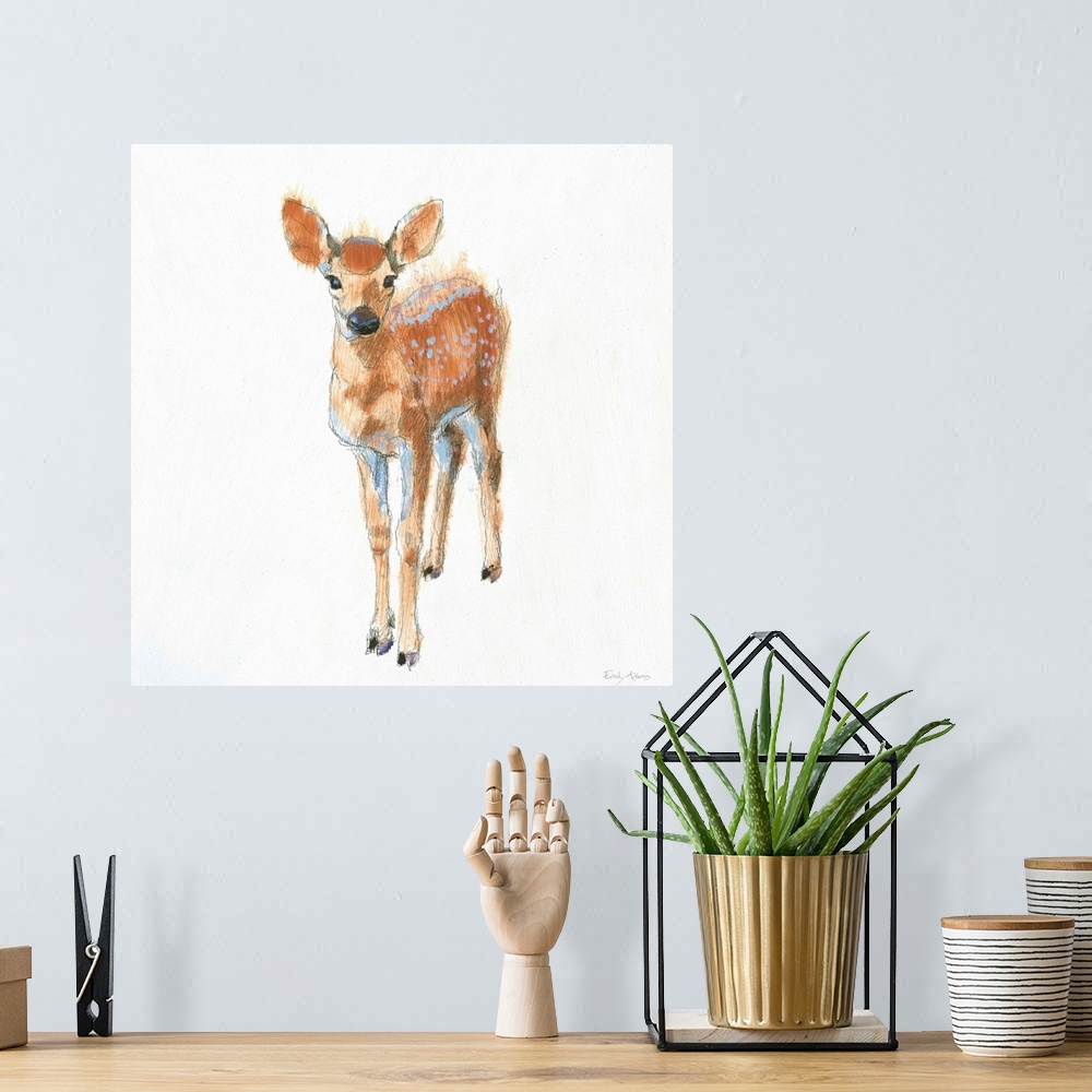 A bohemian room featuring Artwork of a fawn against a white background.