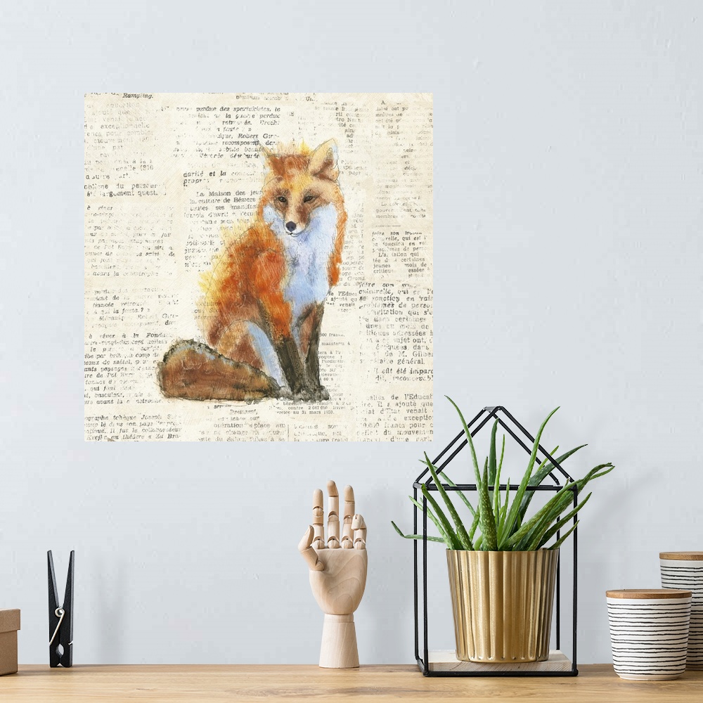 A bohemian room featuring Artwork of a red fox against a distressed newsprint background.