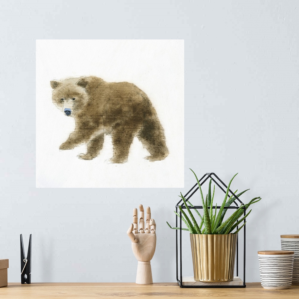 A bohemian room featuring Artwork of a bear against a white background.