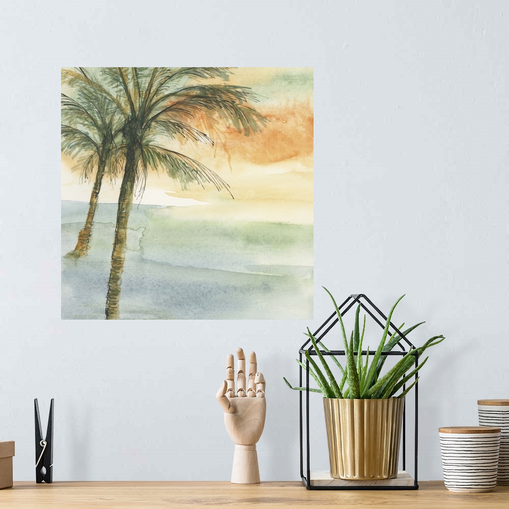 A bohemian room featuring Contemporary watercolor painting of palm trees against a tropical colored background.