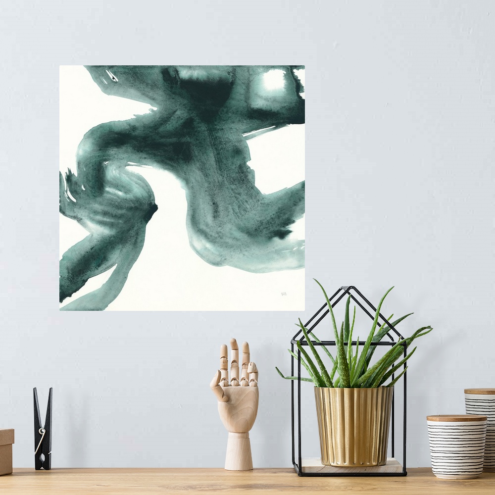 A bohemian room featuring Square watercolor abstract with dark teal on a white background.