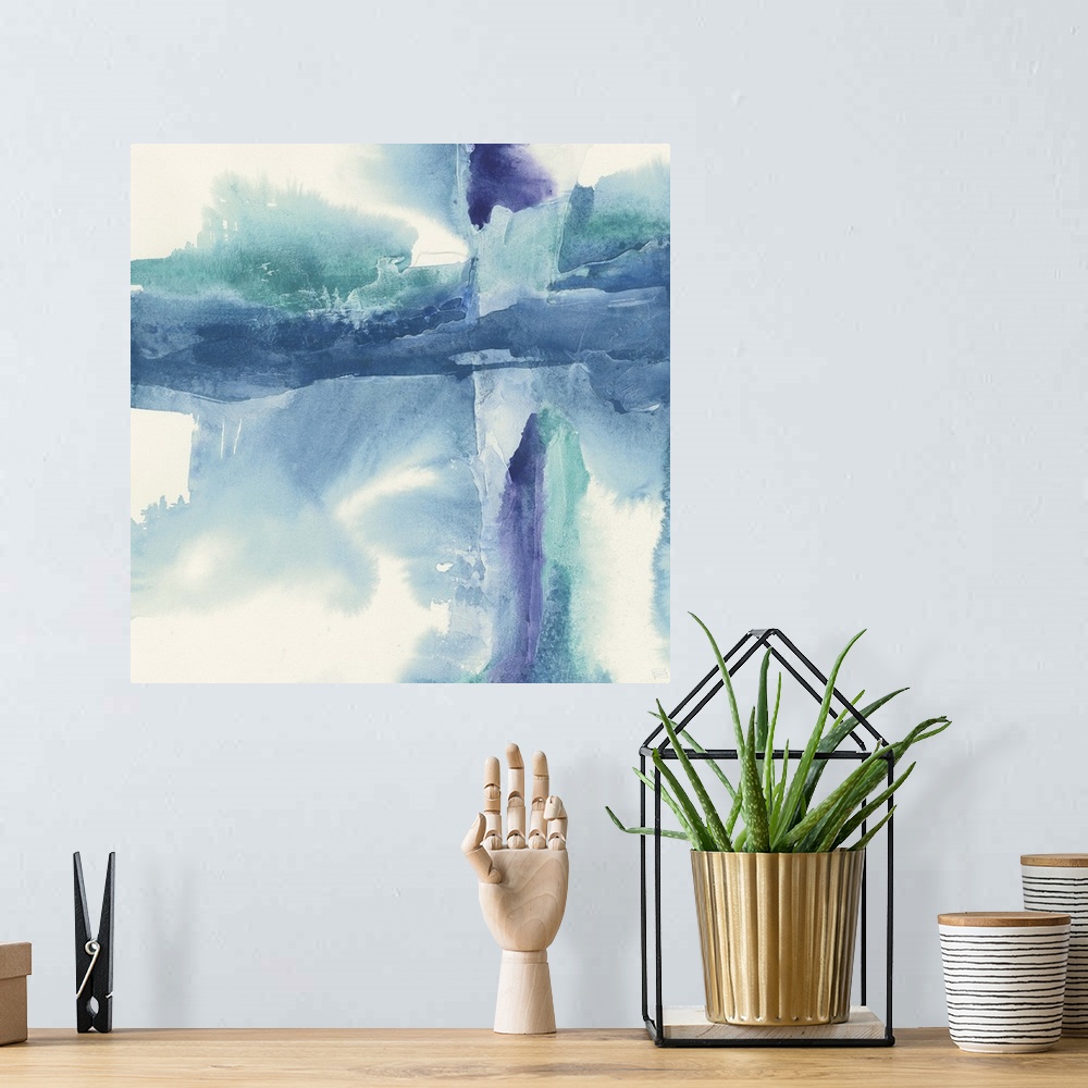 A bohemian room featuring Abstract artwork using cool blue and purple tones against a white background.