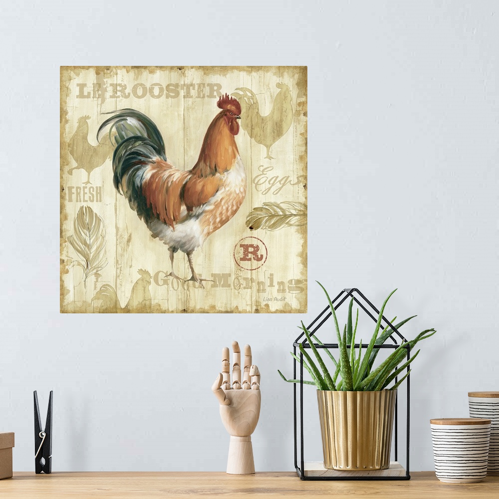 A bohemian room featuring Square, large home art docor of a painted rooster on a light, wood slatted background with slight...