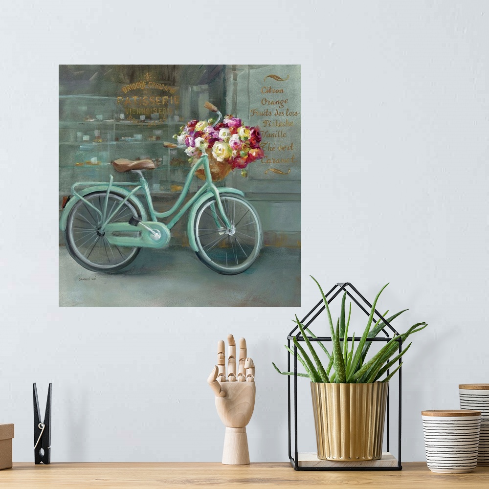 A bohemian room featuring Contemporary artwork of a bicycle with flowers in the handlebar basket.