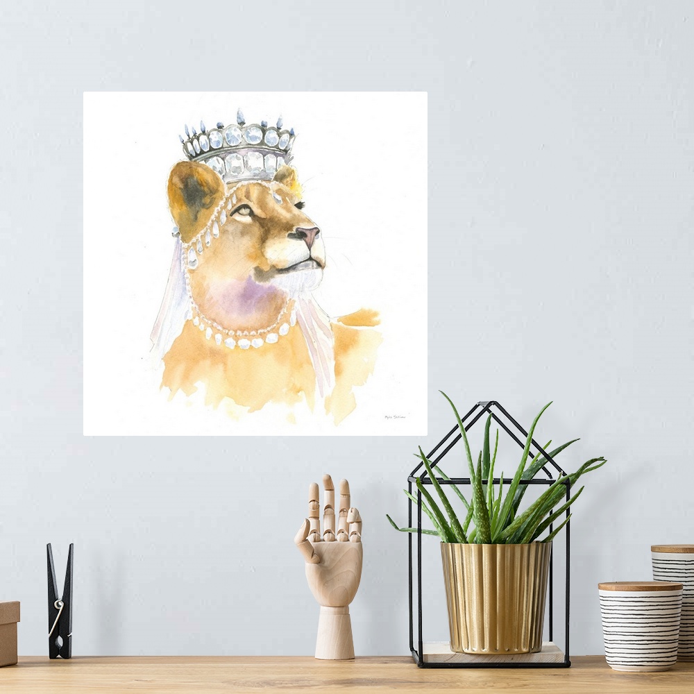 A bohemian room featuring Square watercolor painting of a lioness wearing a crown and jewels.