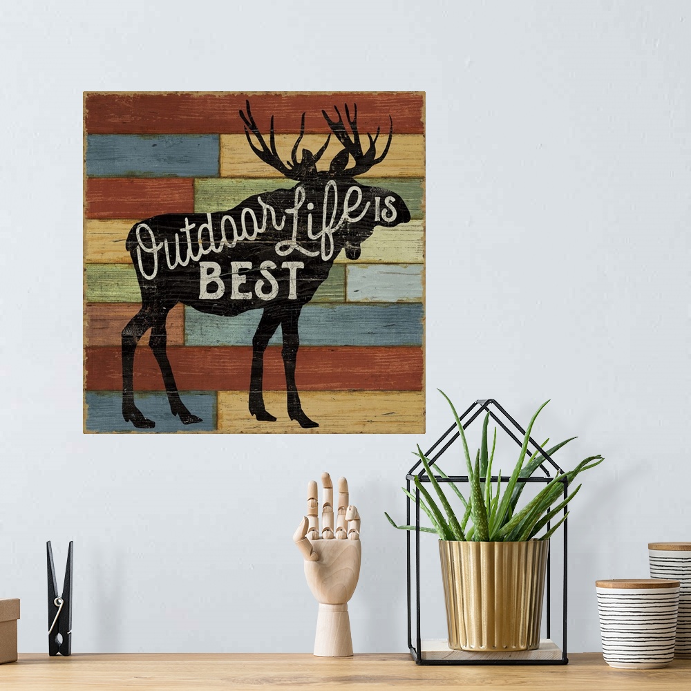A bohemian room featuring Silhouette of a moose with white text over colorful wooden boards.