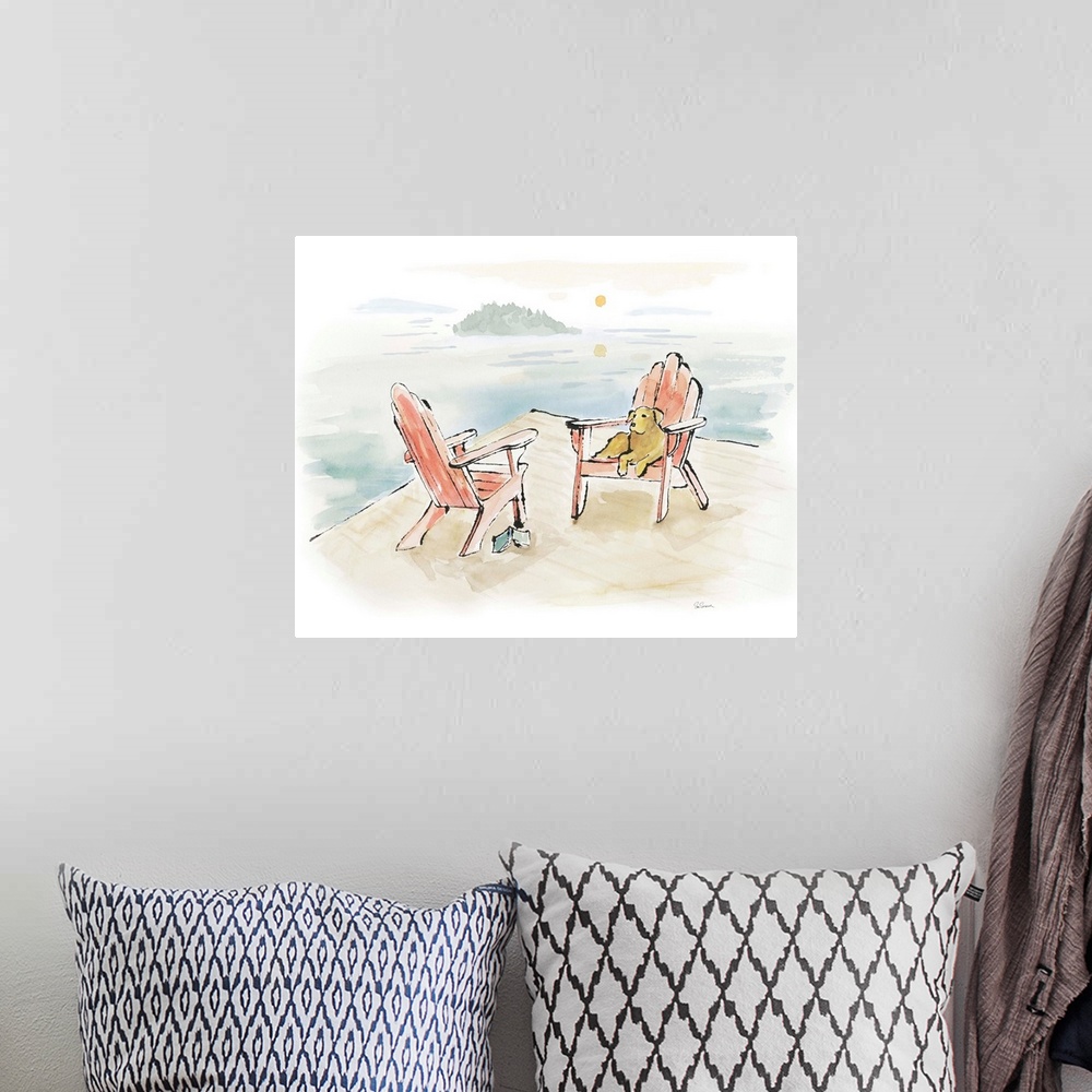A bohemian room featuring Watercolor painting of a yellow lab relaxing on a chair at the lake.