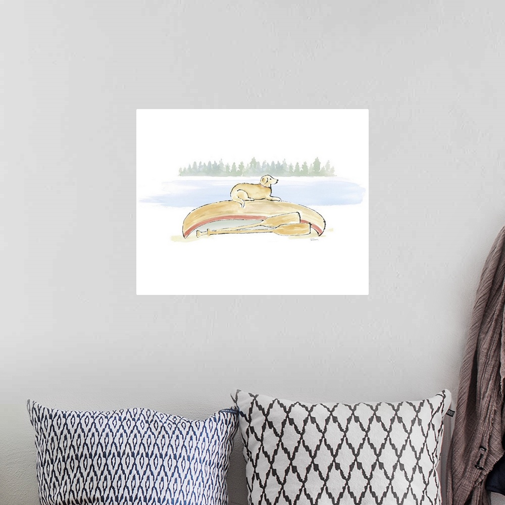 A bohemian room featuring Watercolor painting of a yellow lab on top of a canoe next to the lake.