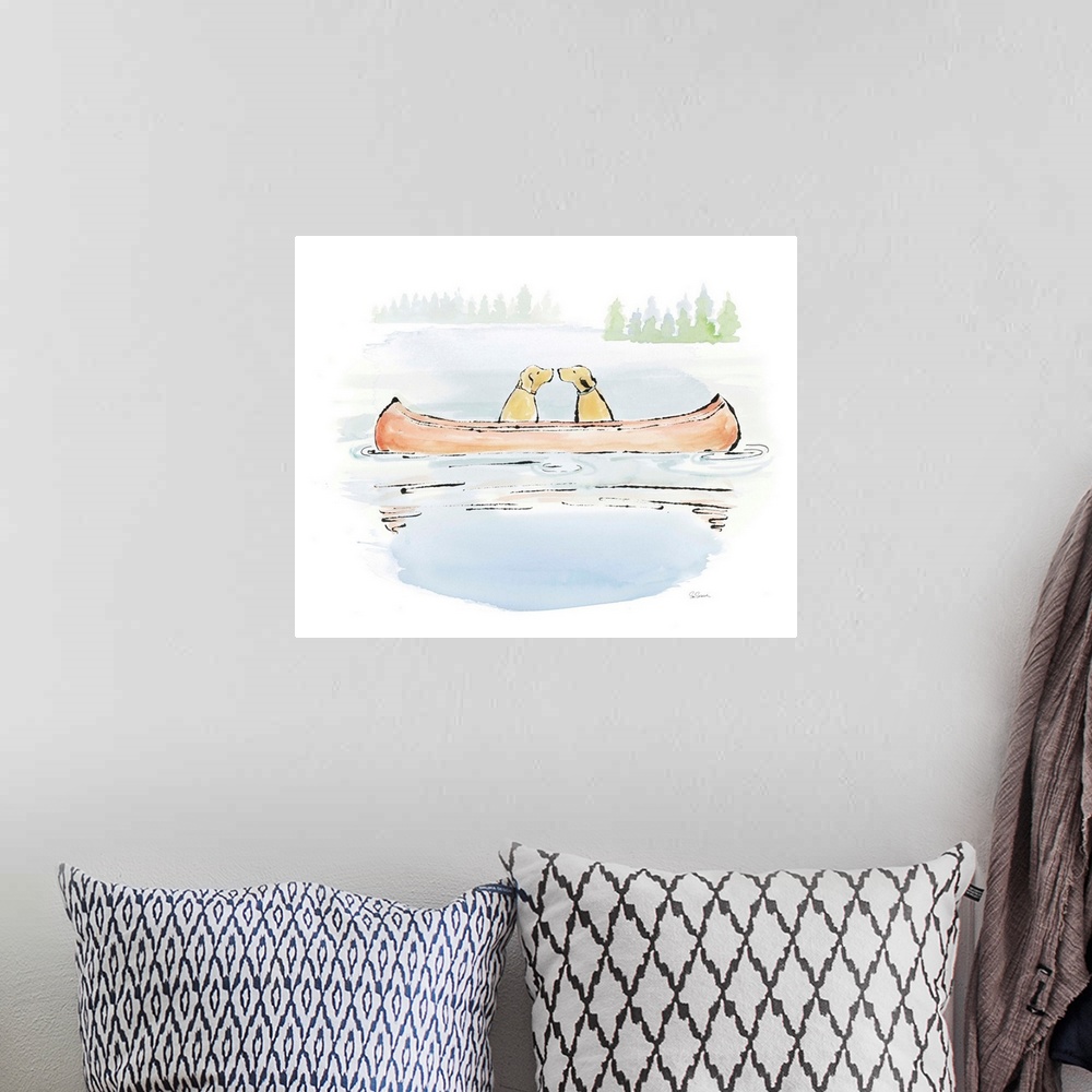 A bohemian room featuring Watercolor painting of two yellow labs about to kiss while floating on a canoe in the middle of a...