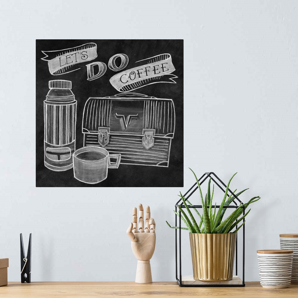 A bohemian room featuring "Let's Do Coffee" square retro illustration