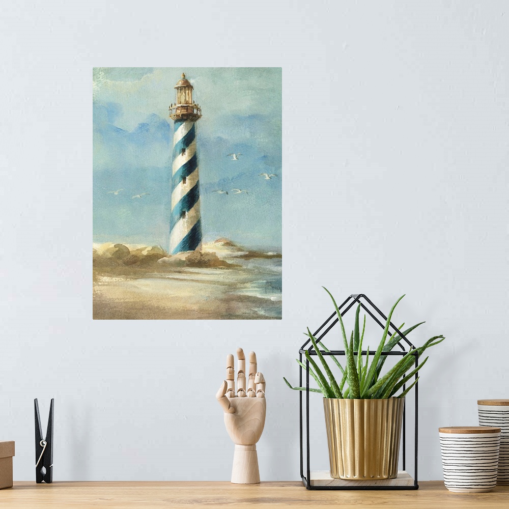 A bohemian room featuring Contemporary painting of a blue spiral striped lighthouse in a coastal scene.