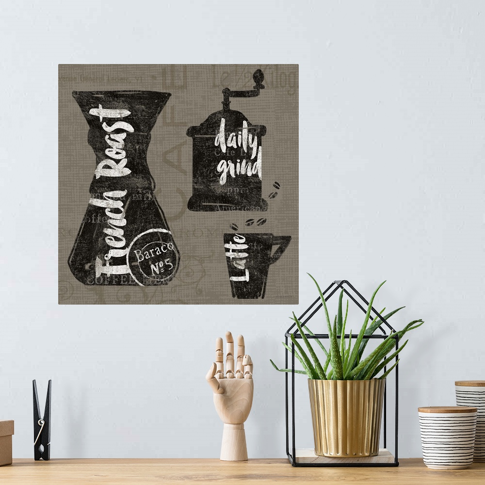 A bohemian room featuring Coffee grinder and mug design with handlettered text.