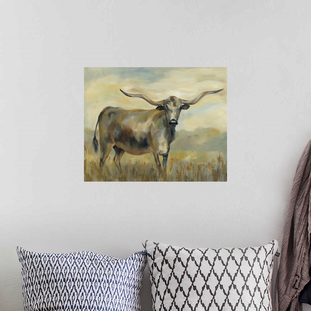 A bohemian room featuring Longhorn Cow