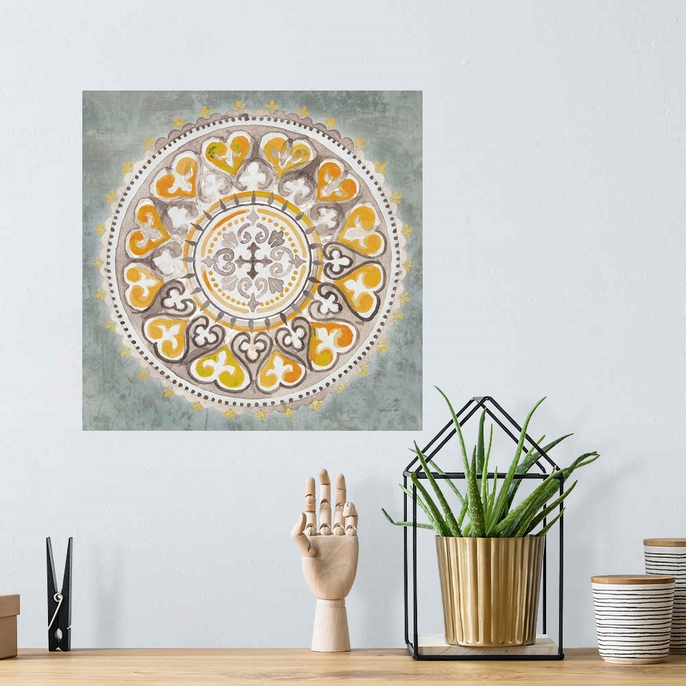 A bohemian room featuring Mandala Delight III Yellow Grey