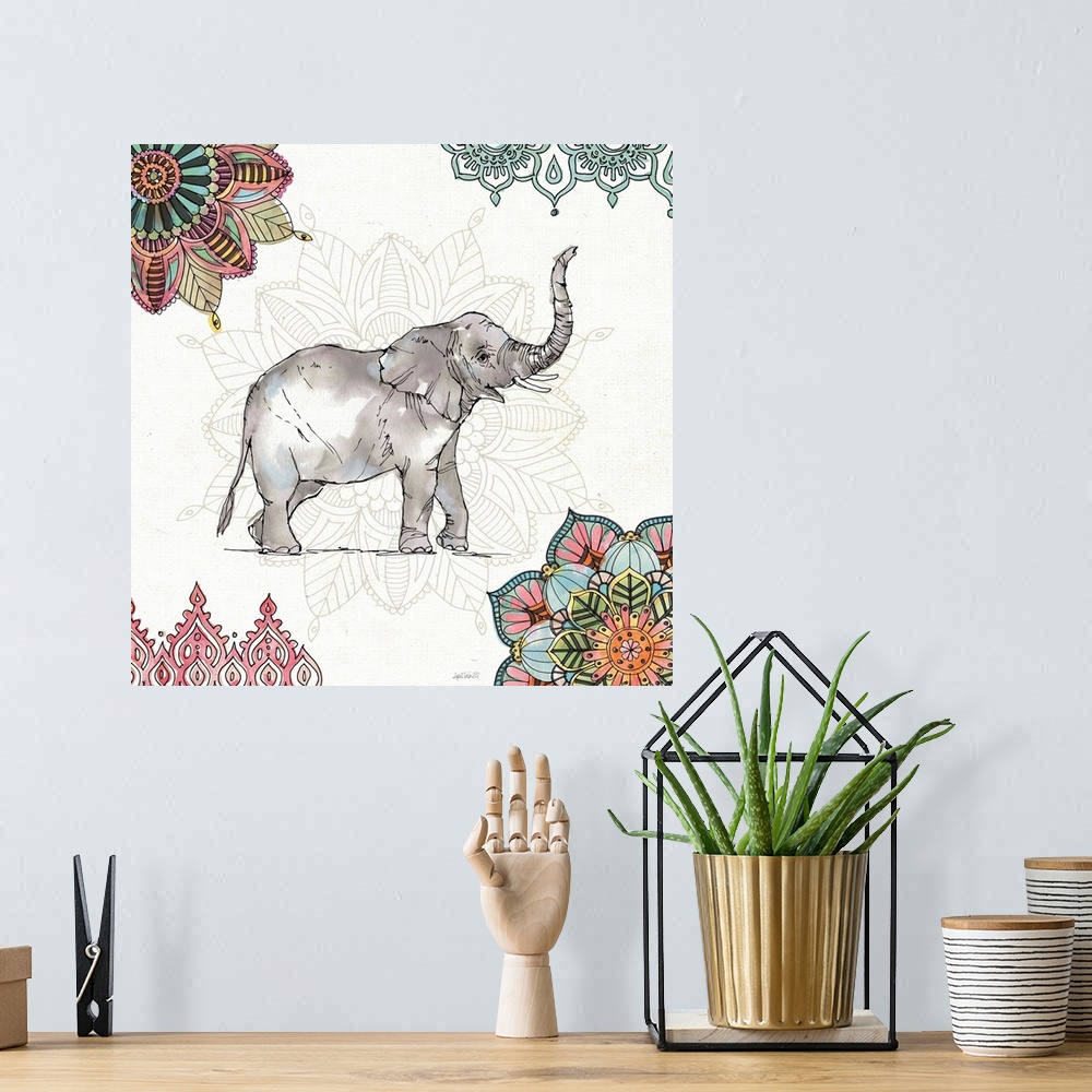 A bohemian room featuring Bohemian style decor with an illustration of an elephant with colorful mandalas all around.