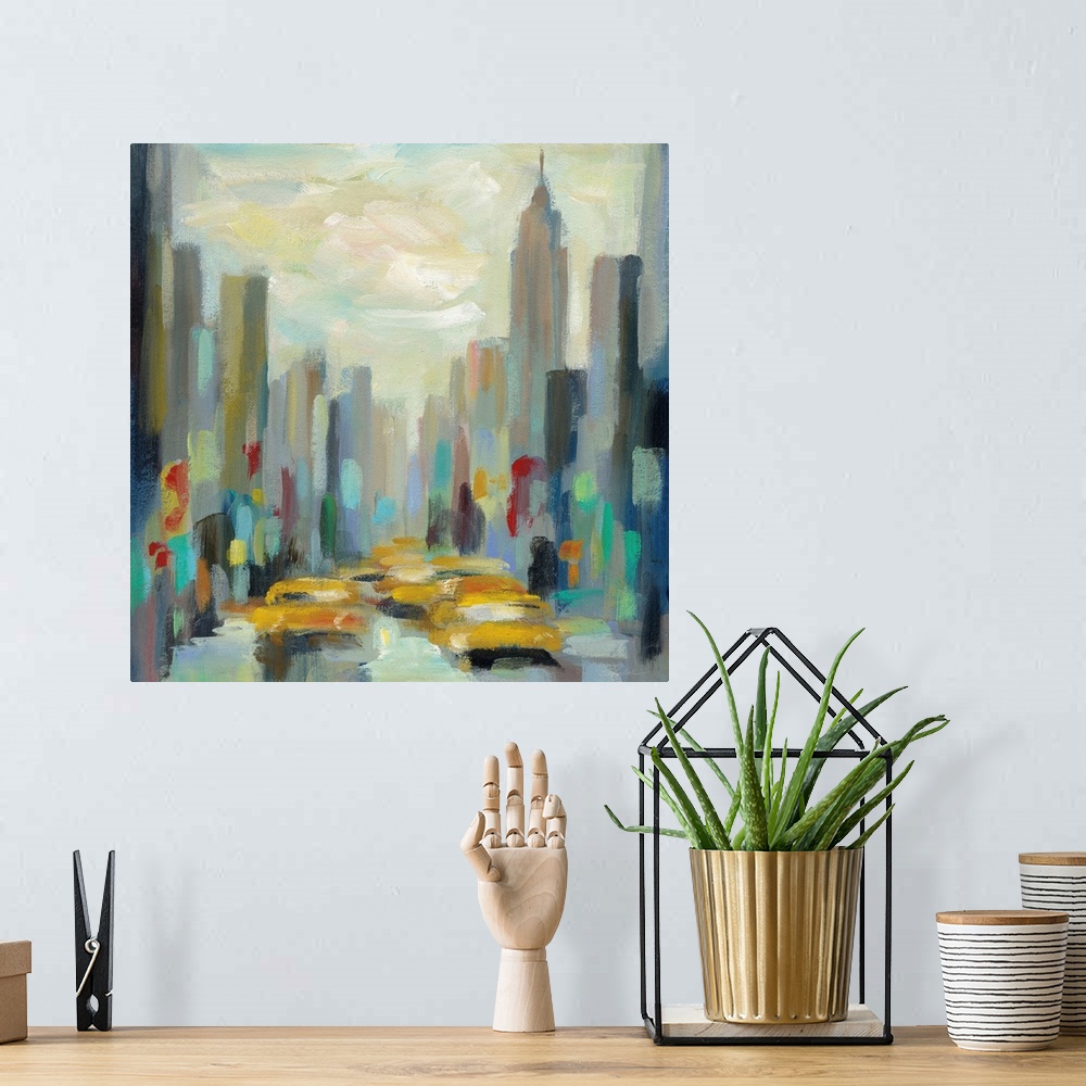 A bohemian room featuring A modern contemporary painting in an impressionism style of a New York City street with the Empir...