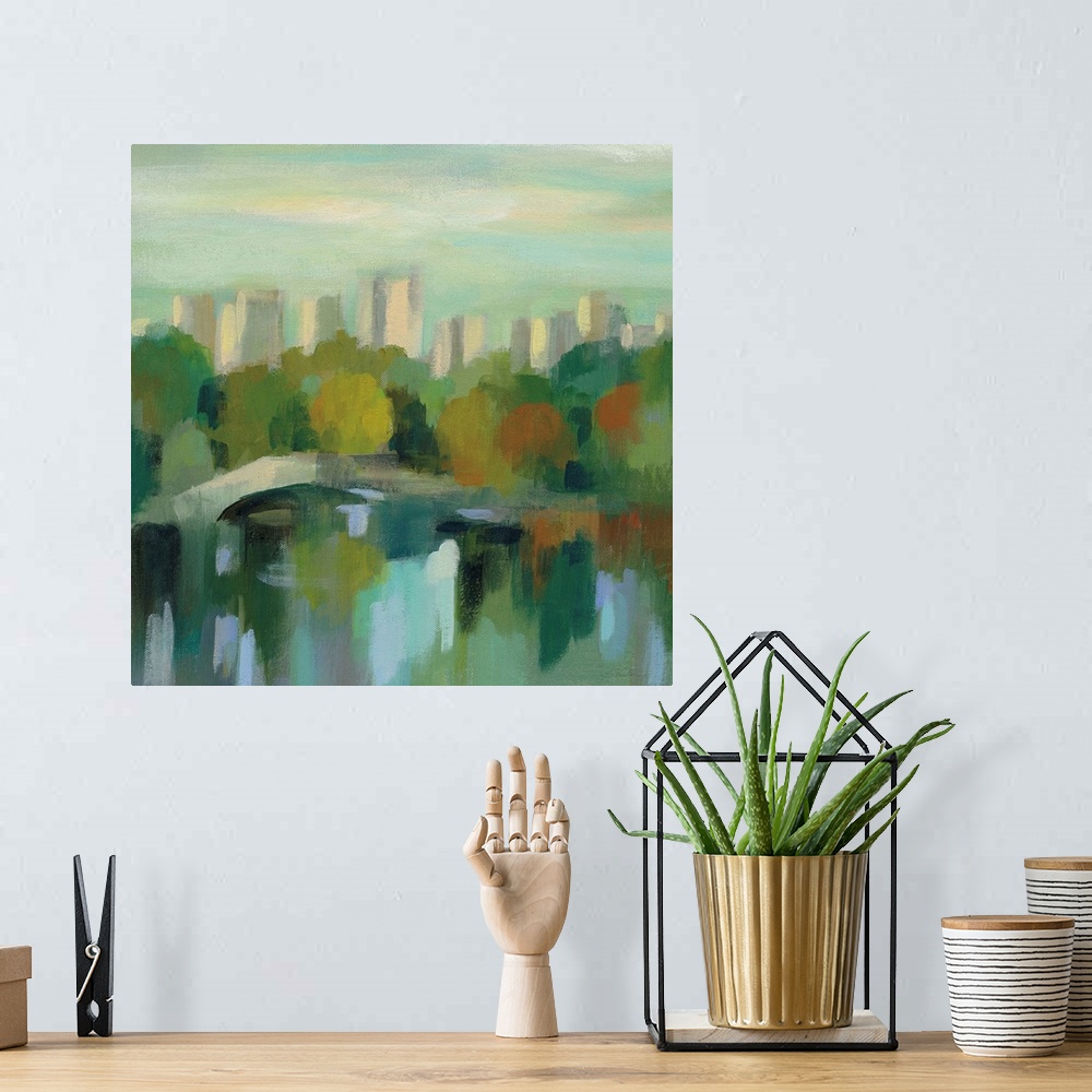 A bohemian room featuring Contemporary artwork featuring impressionistic brushes of scenic view of Manhattan, New York.