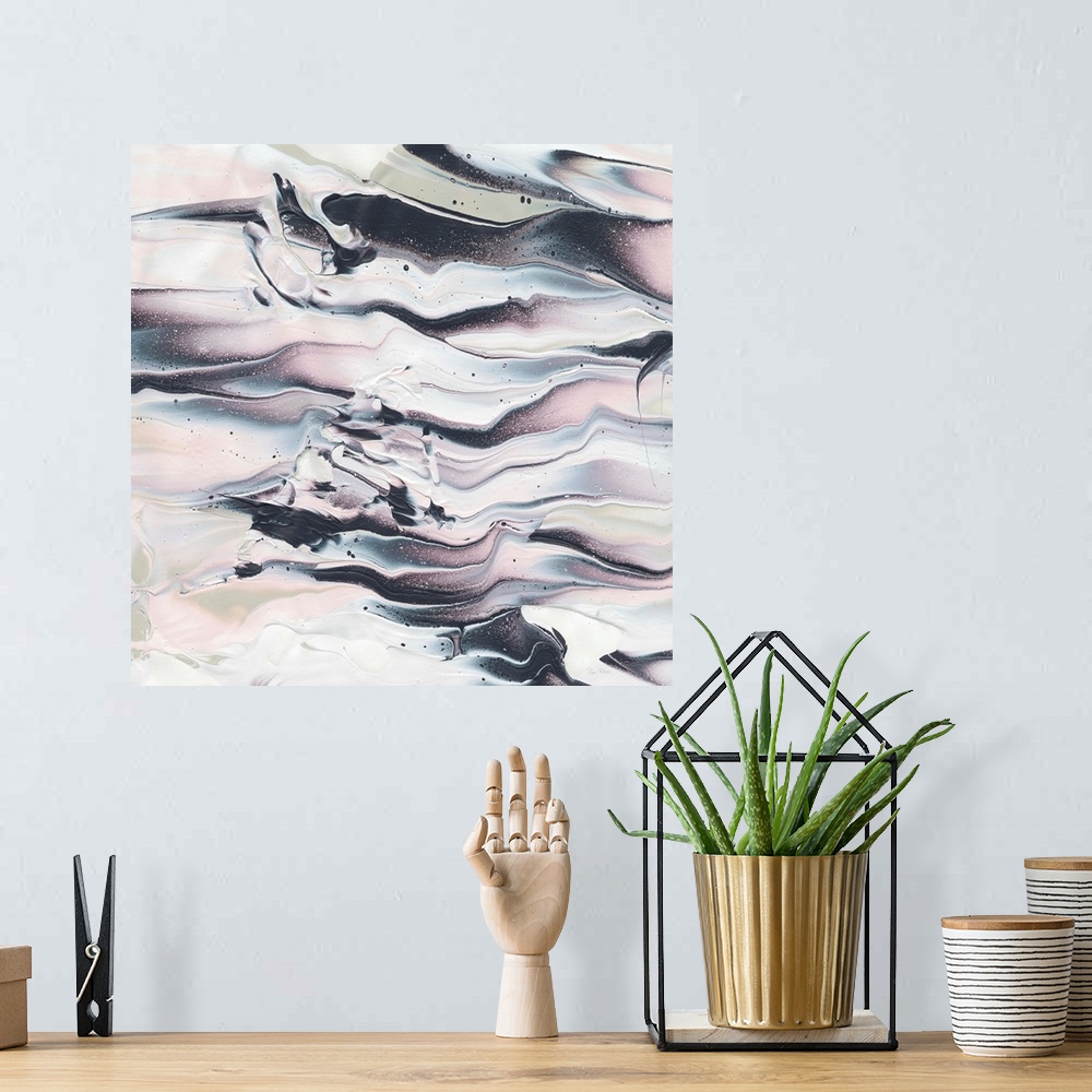 A bohemian room featuring Square abstract painting of pink, green, blue, black, and white marbling creating movement horizo...
