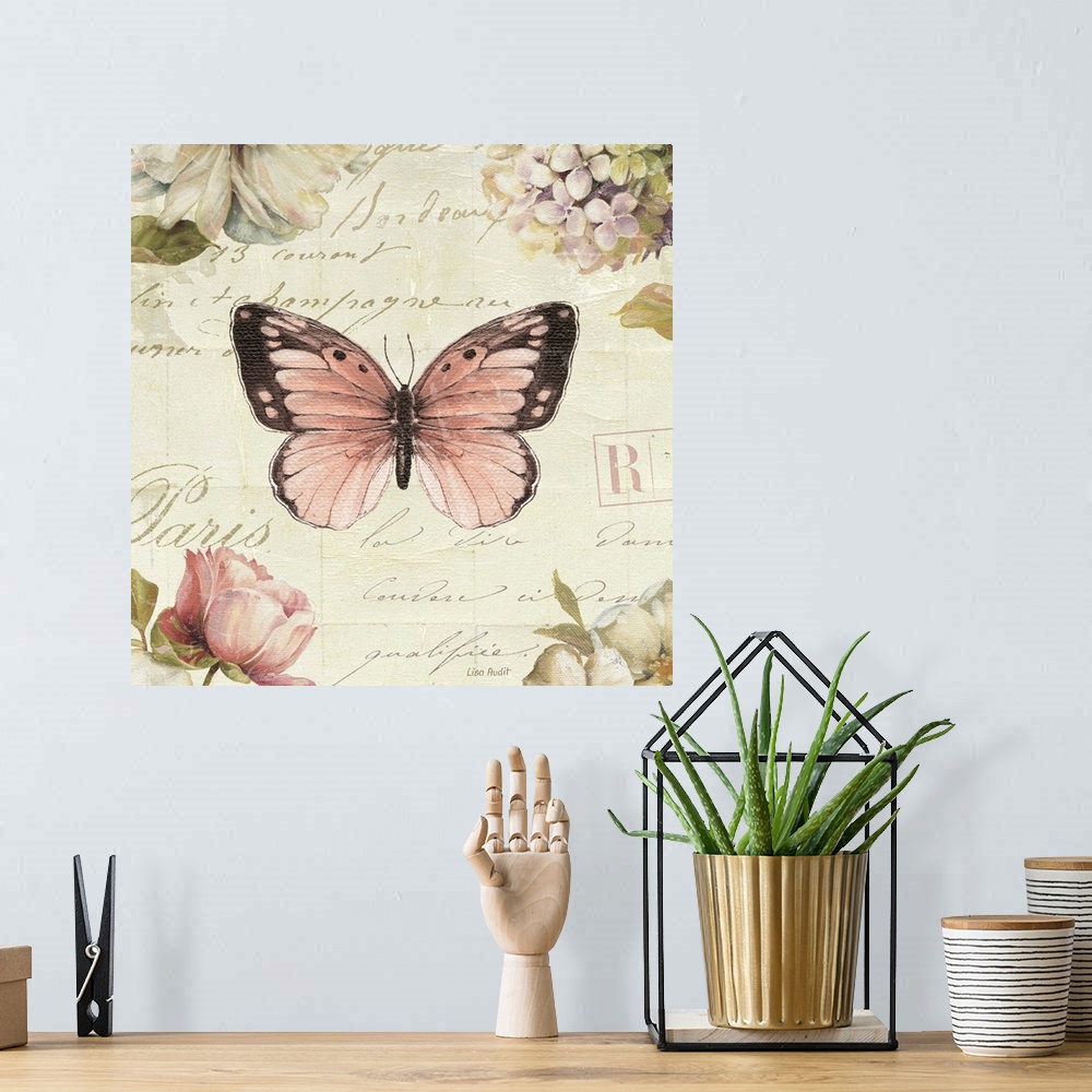 A bohemian room featuring Contemporary artwork of a butterfly with text text against a light cream colored background.