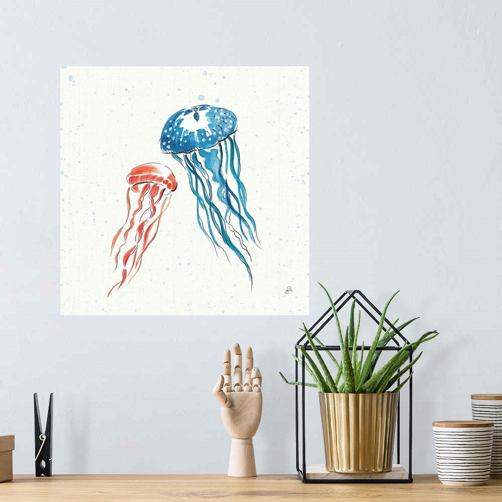 A bohemian room featuring Coral and blue jellyfish on a white square background with light blue paint splatter.