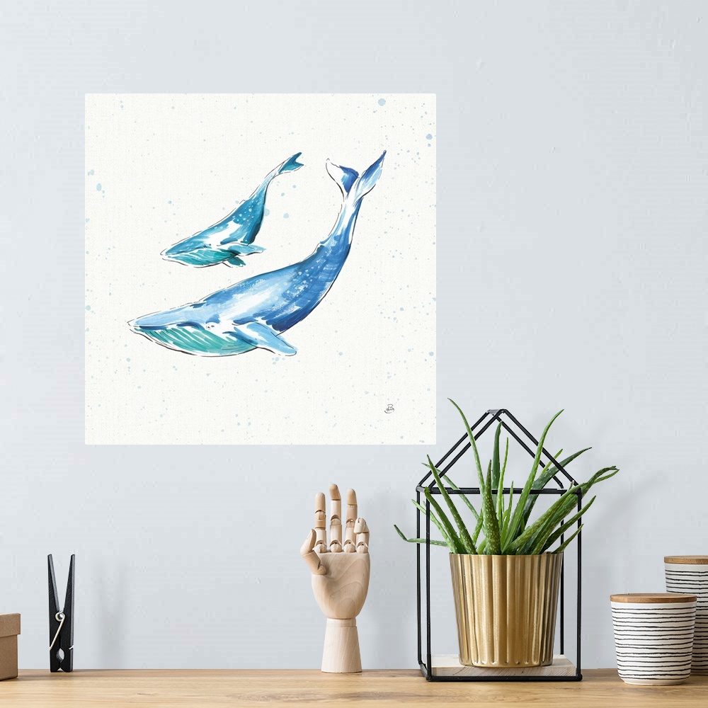 A bohemian room featuring Two blue whales swimming on a white square background with light blue paint splatter.