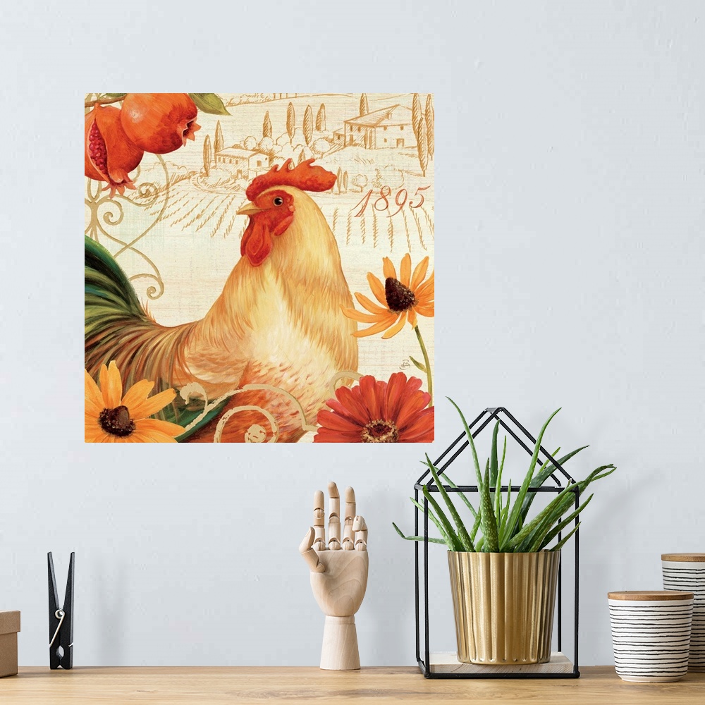 A bohemian room featuring Contemporary artwork of a rooster surrounded by flowers, against a background of idyllic scenery.