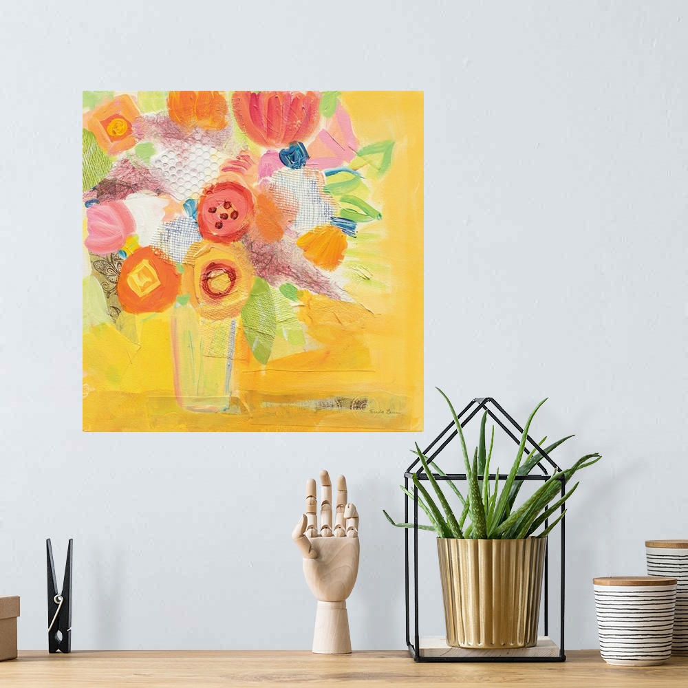 A bohemian room featuring Square abstract painting of a vase of  flowers in eye-catching bright colors.