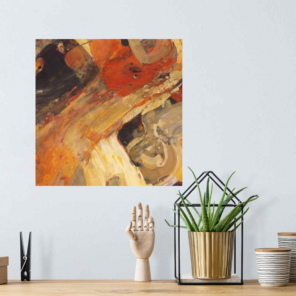 A bohemian room featuring Reddish earthy tones make up this contemporary abstract painting.
