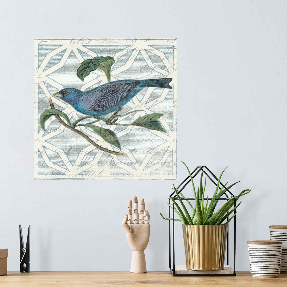 A bohemian room featuring Monument Etching Tile II Blue Bird