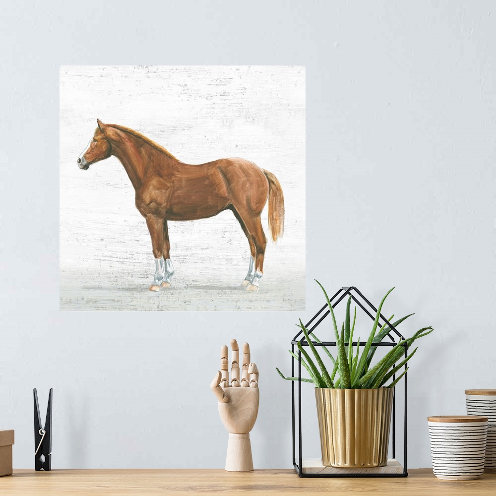 A bohemian room featuring Square painting of a light brown horse on a textured white and gray background.