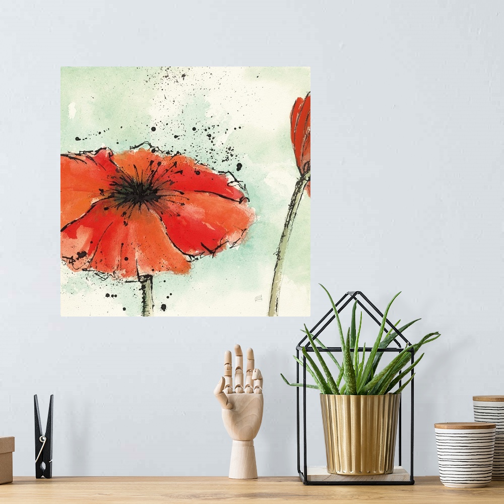 A bohemian room featuring Square watercolor painting of a red poppy flower on a green and white watercolor background with ...