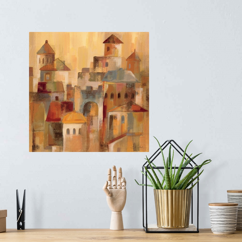 A bohemian room featuring Contemporary painting of village buildings in a faded rustic style.