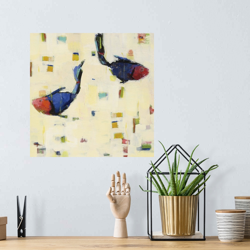 A bohemian room featuring Contemporary abstract painting of two blue and red fish swimming opposite ways with colorful squa...
