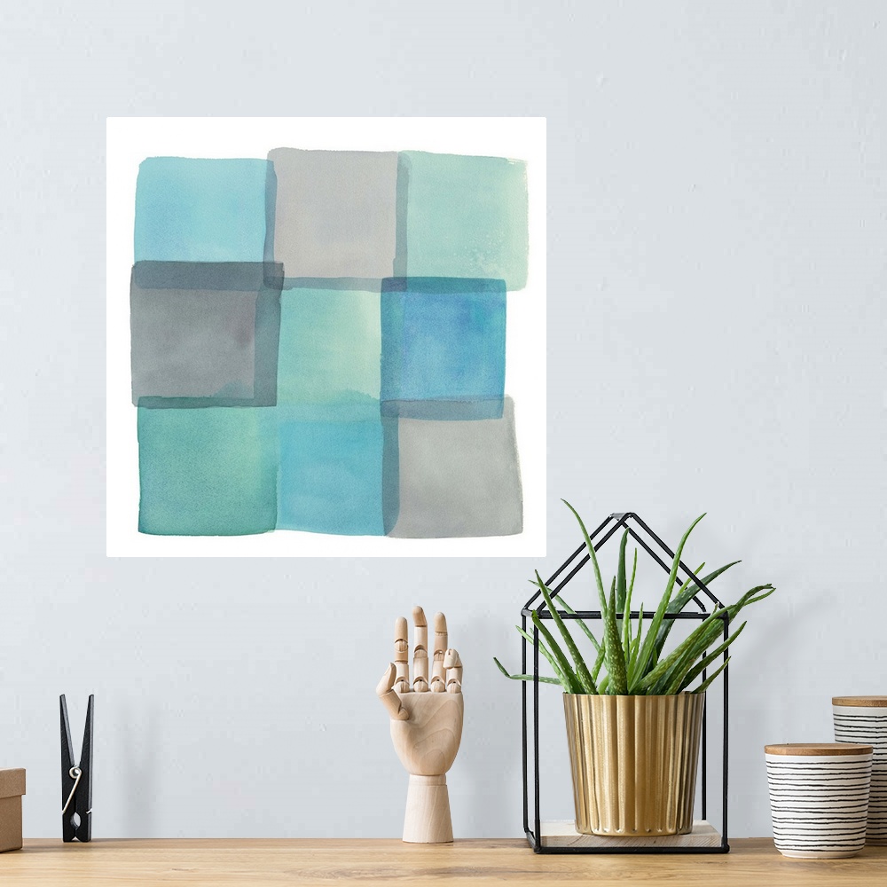A bohemian room featuring Contemporary watercolor abstract of squares in pale colors against a white background.