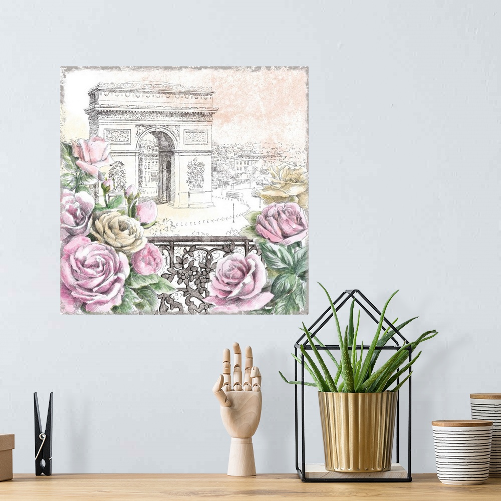 A bohemian room featuring Contemporary home decor artwork of the Arc de Triomphe in a neutral pencil sketch-like style seen...