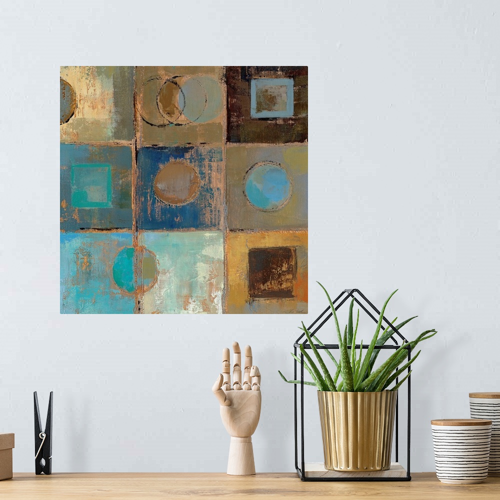 A bohemian room featuring Abstract art featuring a grid of three columns and three rows with various circular and square sh...