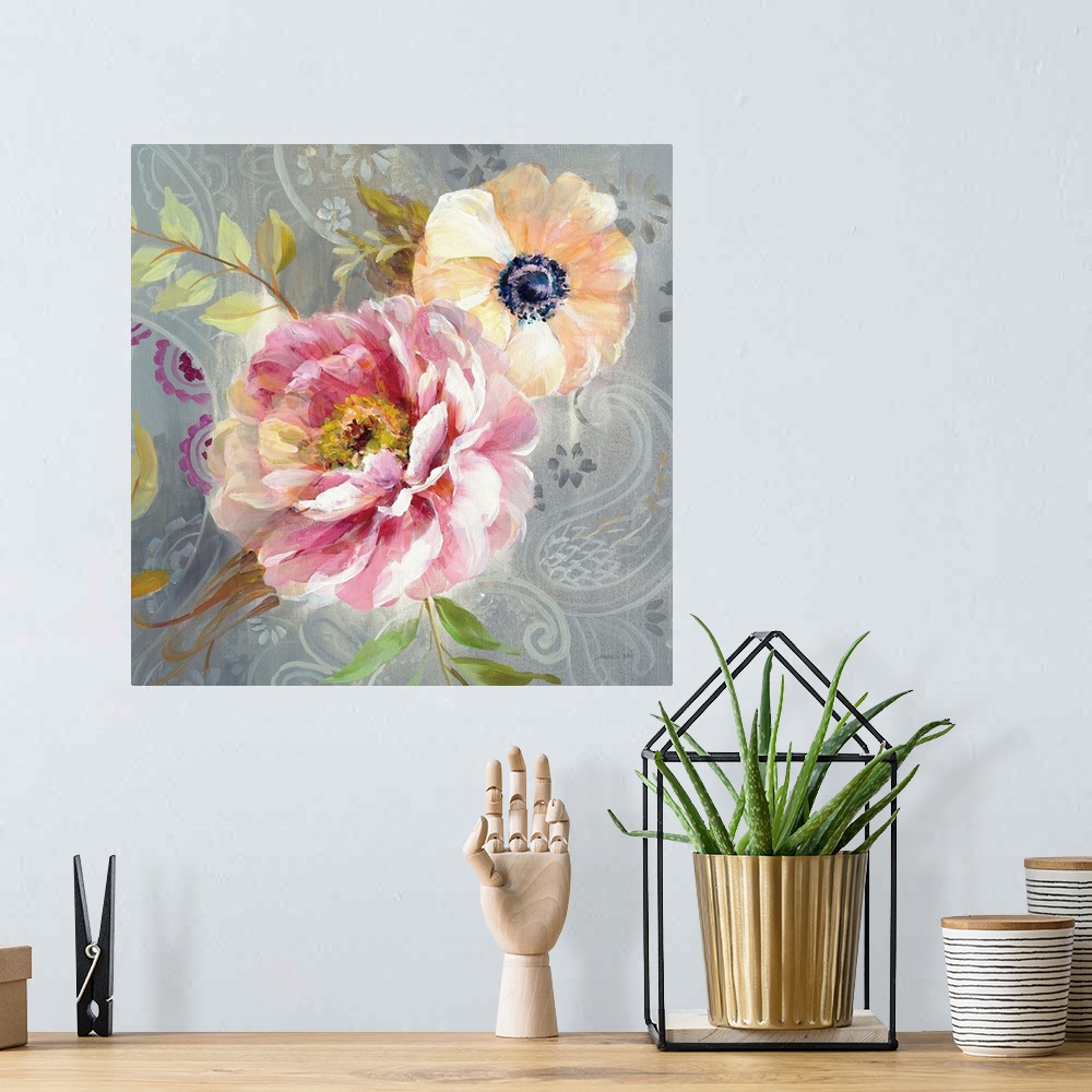 A bohemian room featuring Contemporary square painting of a pink peony and yellow poppy flower on a gray paisley patterned ...