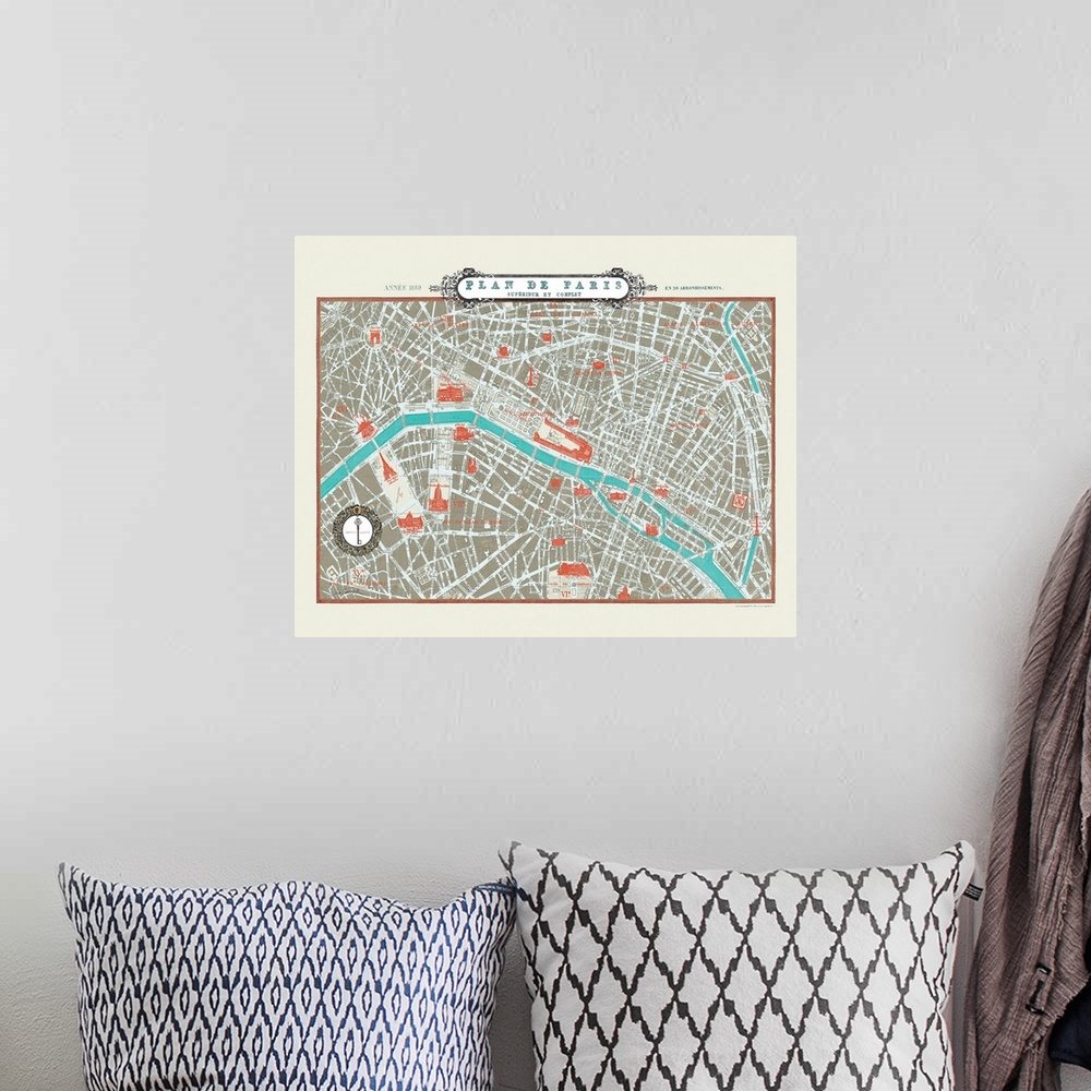 A bohemian room featuring Contemporary artwork of a city map with a beige border.