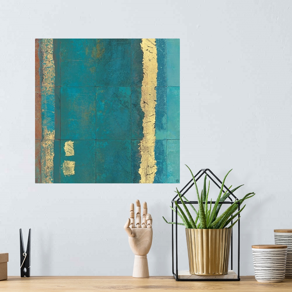 A bohemian room featuring Square abstract painting done in turquoise tones resembling tiles, divided by strokes of neutral ...