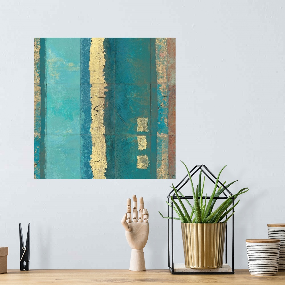A bohemian room featuring This gicloe print of a contemporary mixed media painting made with tiles that have been painted w...