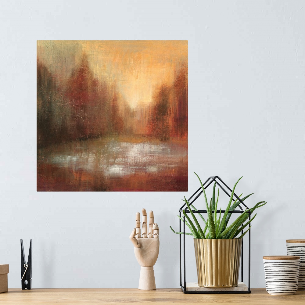 A bohemian room featuring Abstract painting of earth tones almost looking like an idyllic forest scene.