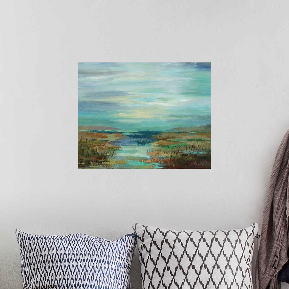 A bohemian room featuring Contemporary landscape painting of the edge of a lake with reeds and a gloomy sky.