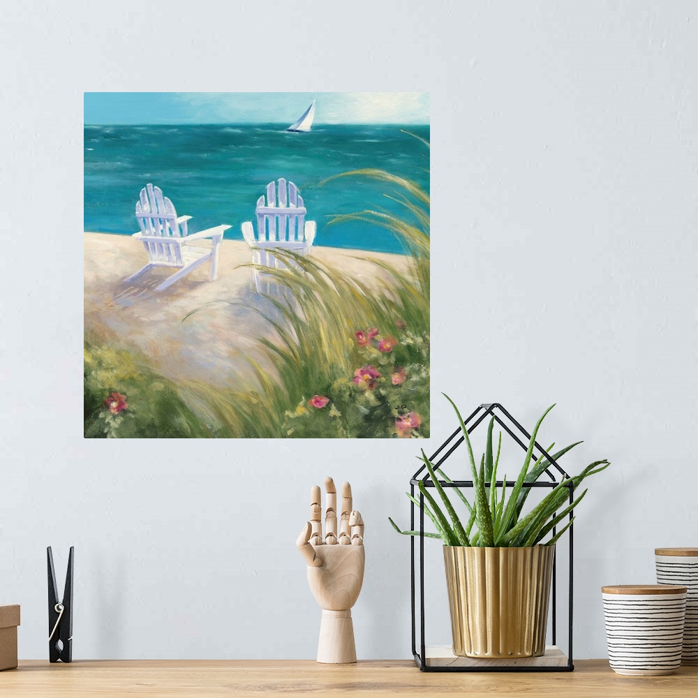 A bohemian room featuring Relaxing painting of two white adirondack chairs on the beach with a sailboat in the ocean off in...